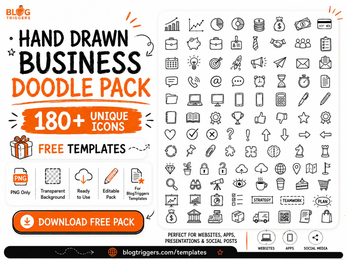 Hand Drawn Business Doodle Pack – 180+ Free PNG Icons for Websites, Apps, Presentations & Social Media