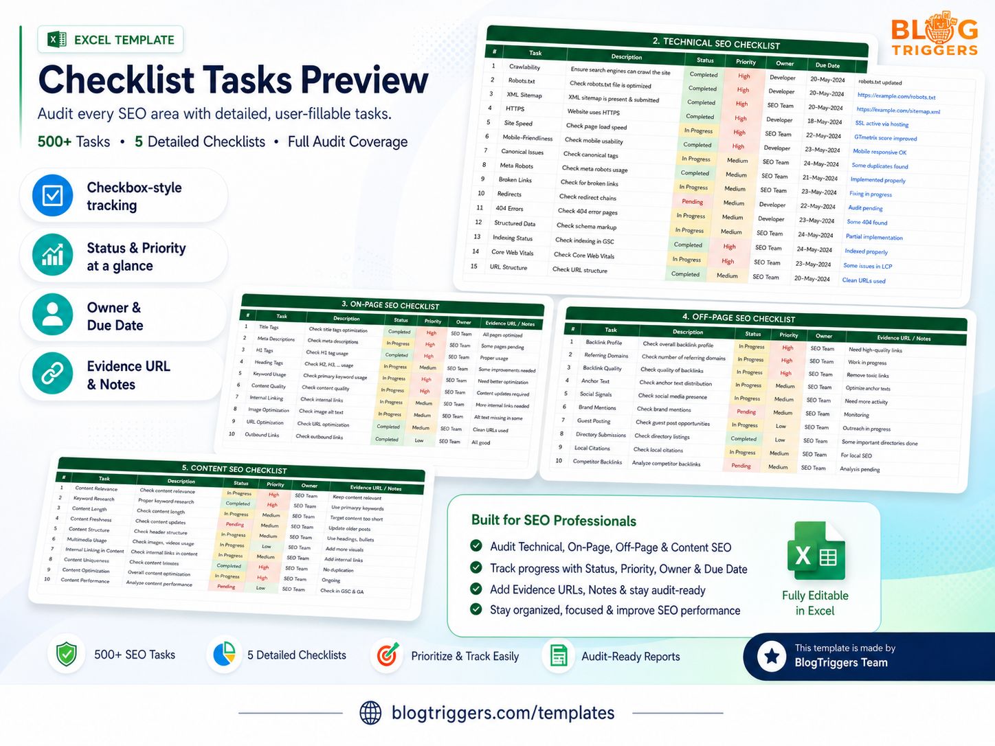 SEO Checklist Excel Template – 580+ SEO Tasks, Dashboard, Trackers & Reports